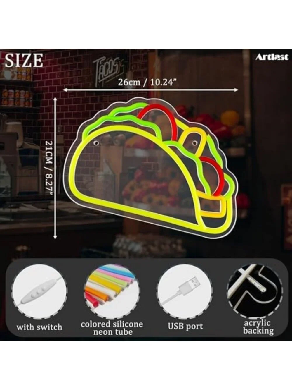 LED Taco Neon Sign - Fun Wall Decor for Kitchen, Taco Bar, or Party Decorations